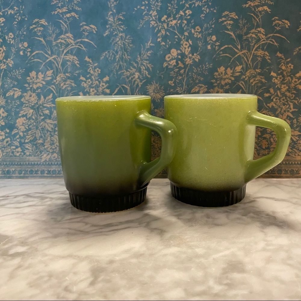 Pair of Vintage Fire King Avocado Green Stackable Mugs